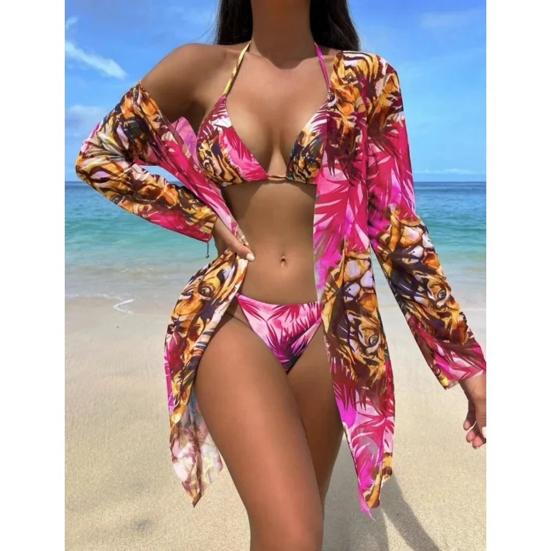 Print 3 Piece Bikini Set Women Swimsuit Sexy Split Triangle Lace Up Micro Bikini Mesh Cover Up 2025 New Beach Lady Bathing Suit