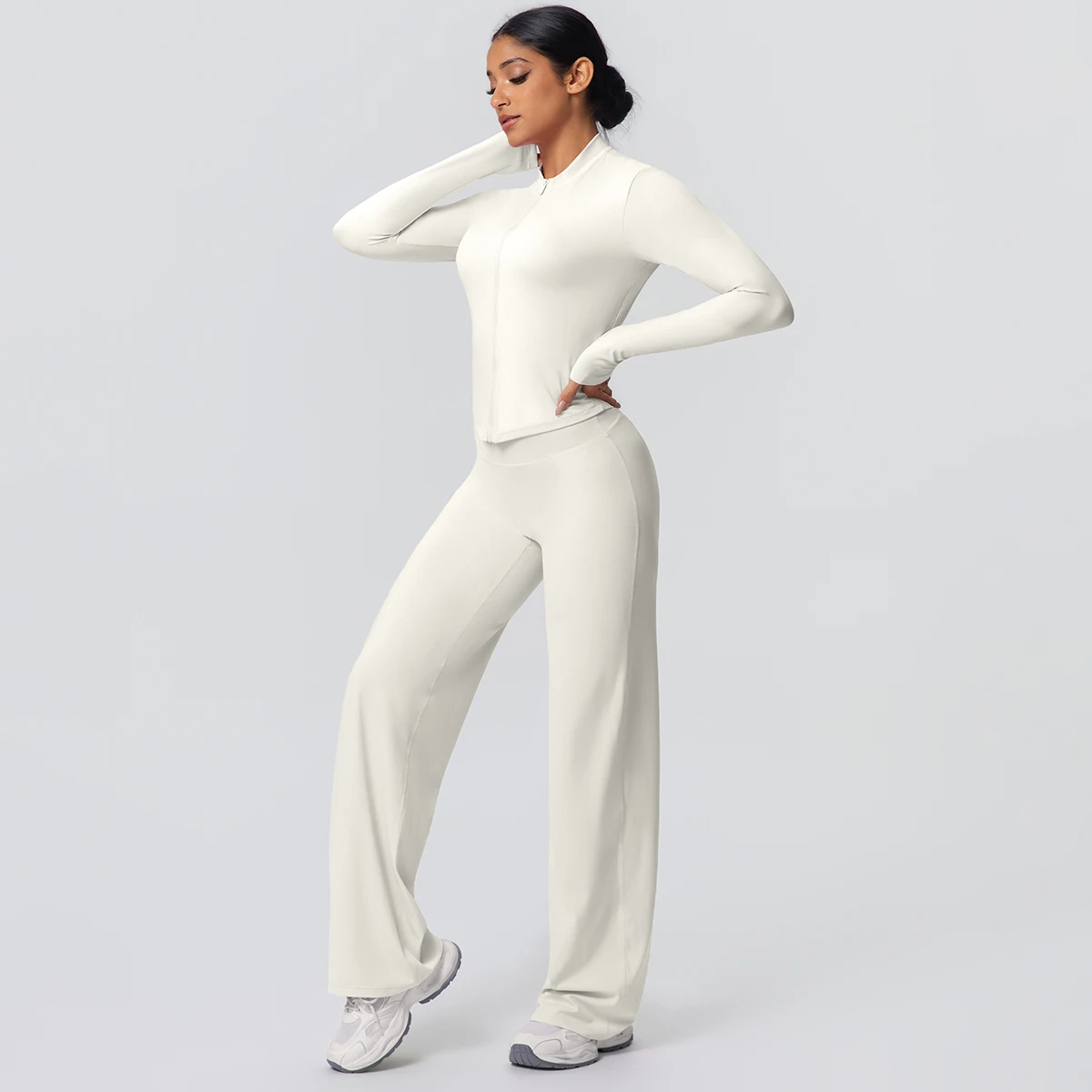 2 stück Schnell Trocknend Sport Fitness Kleidung Yoga Set Frauen Yoga Zipper Lange Ärmel Hohe Taille Atmungsaktive Breite Bein Hosen set – Detail 27