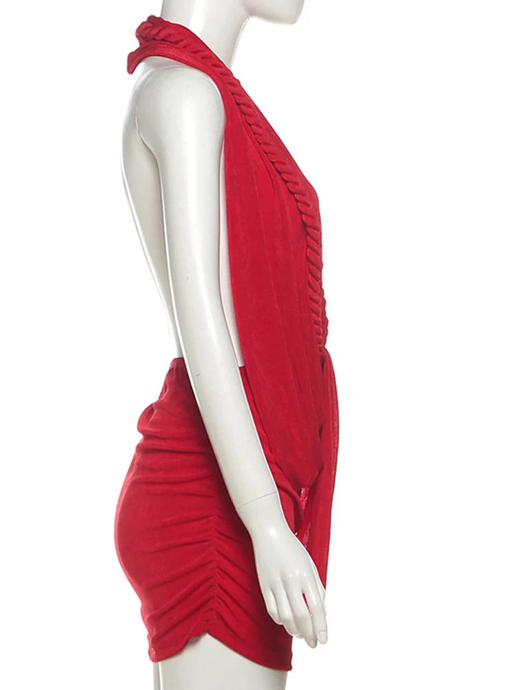 Kricesseen sexy ​ Dames effen wikkelontwerp met ruches en gedraaidetail Jurk Dames Halter Backless Cocktail Party Clubwear Bodycon