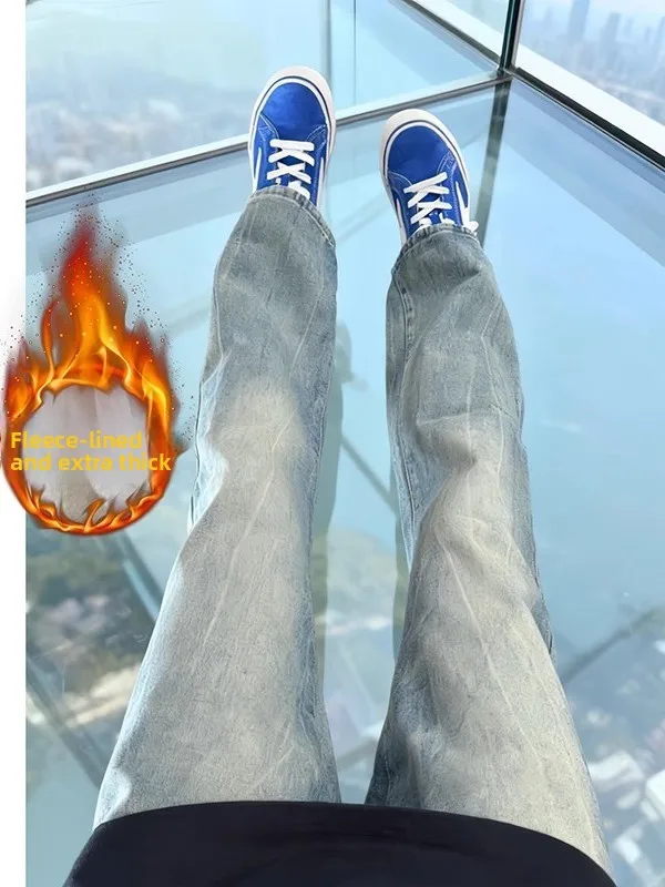 

Мужские зимние утепленные джинсы Thunderbolt Bamboo Node Pattern, зауженные, в американском уличном стиле, с расклешенными штанинами