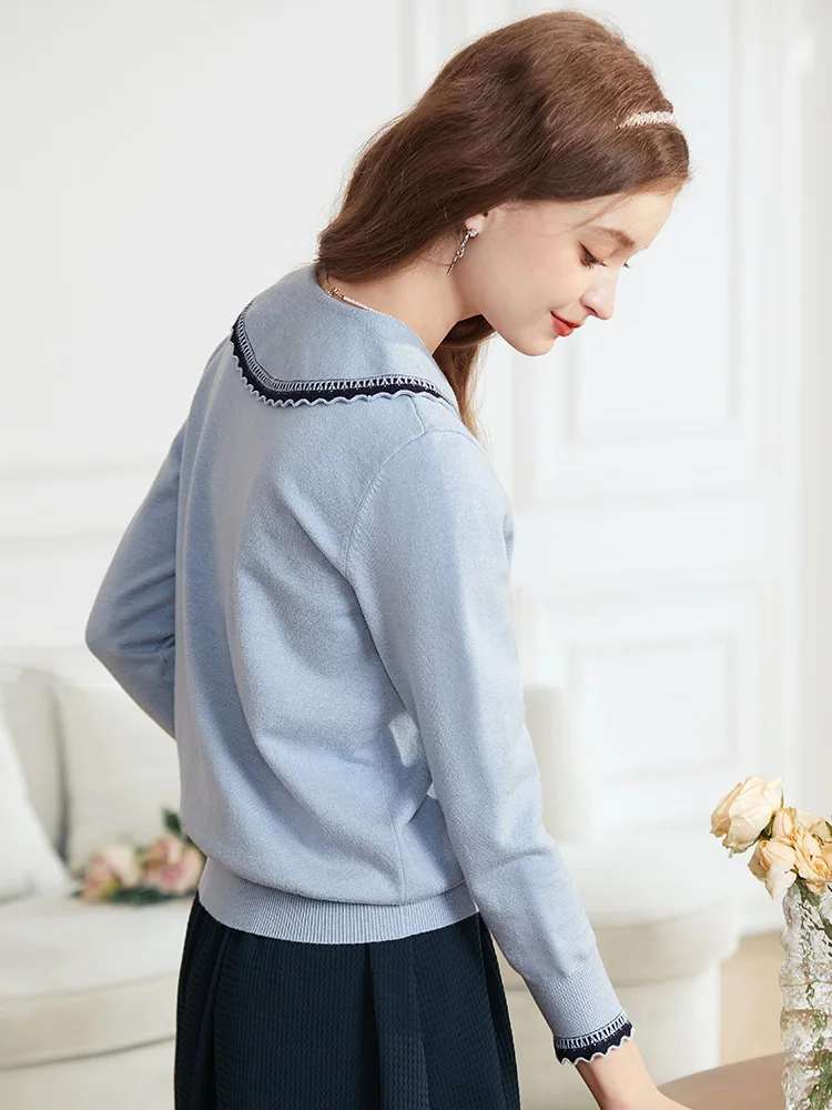 I BELIEVE YOU Sweater Women 2023 Autumn Blue Peter Pan Collar Long Sleeve New Chic Beautiful Solid Bow Lace-up Shirt 2233125242