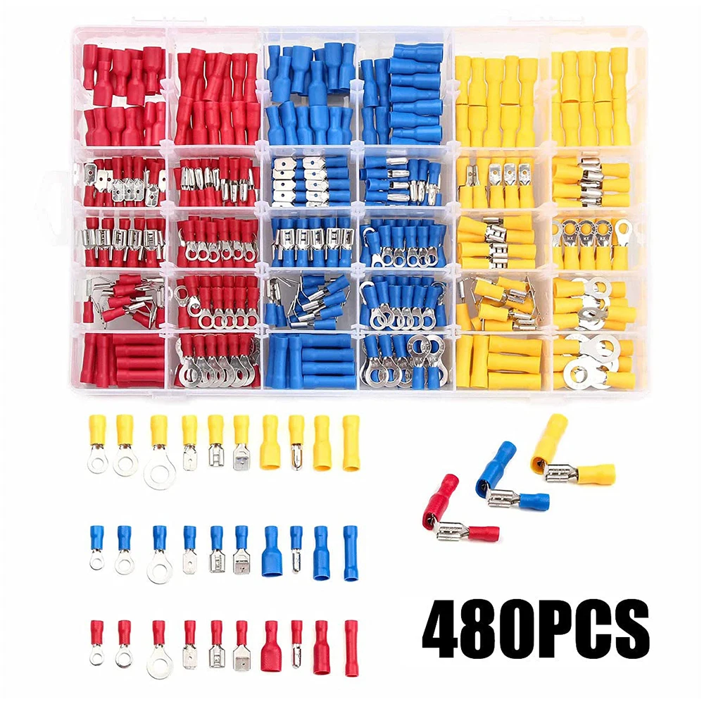 480 Pieces Electrical Insulated Wire Connector Kit Screw Head Ring Butt Quick Disconnect Bullet Connector Crimp Terminal