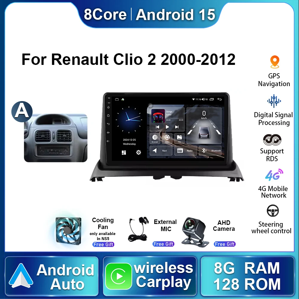 

Автомагнитола Android 15 с стереомонитором для Renault Clio 2 (2000-2012), мультимедийный плеер, беспроводной Carplay, навигация GPS, DSP