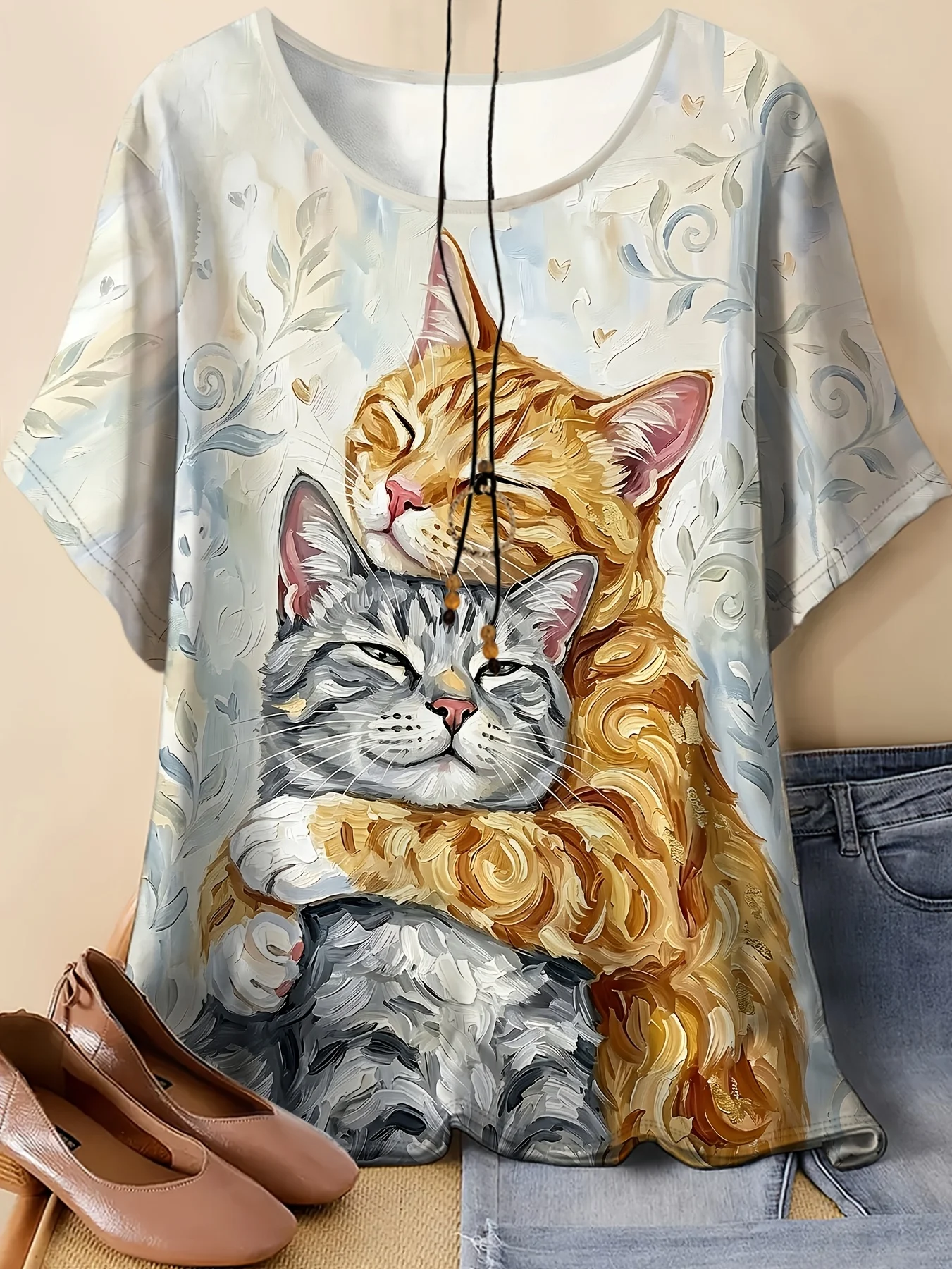 Women Crew Neck Short Sleeve T‑Shirt, Hugging Cats Oil Painting Floral Vintage Art Graphic Tee