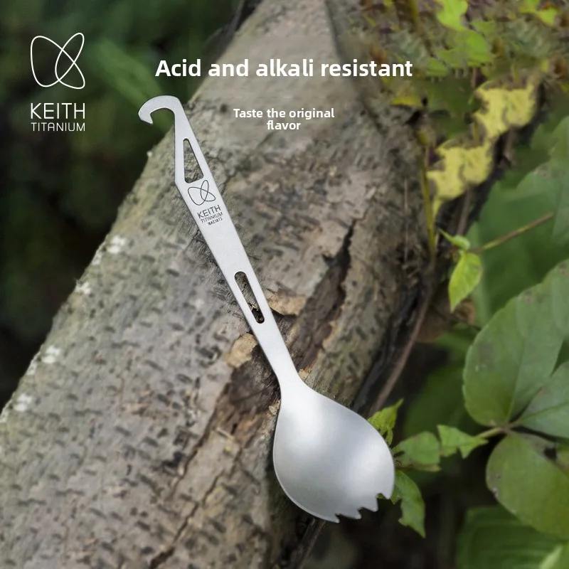 Keith Titanium  Pure Titanium Spork with Bottle Opener Ultralight Portable Camping Cutlery with Storage Pouch