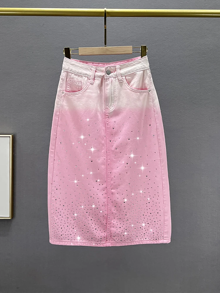 DEAT Women's Denim Skirt Thin High Waist Gradient Pink Diamonds Split A-line Female Long Skirts 2025 Spring New Fashion 29L7819