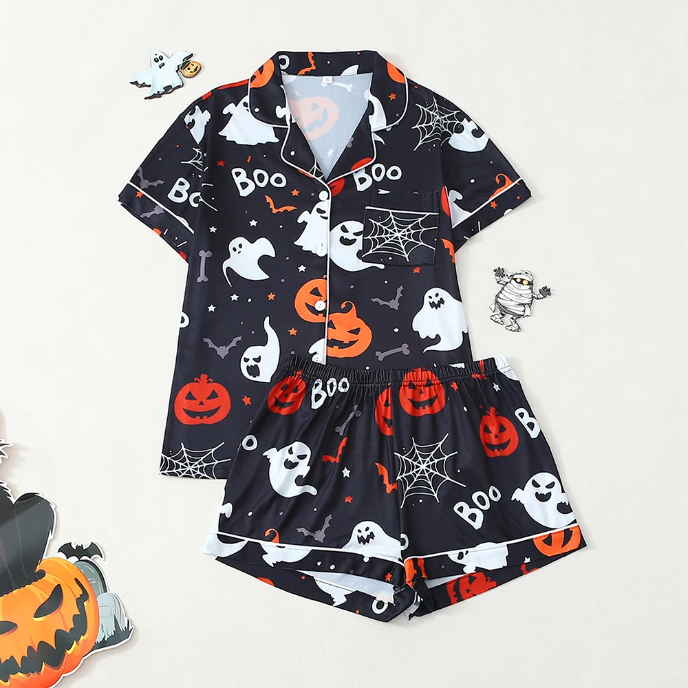 

Женский пижамный комплект на Хэллоуин, 2 шт., милый тыквенный призрак, топы на пуговицах с короткими рукавами, шорты с эластичной резинкой на талии, удобная одежда для сна