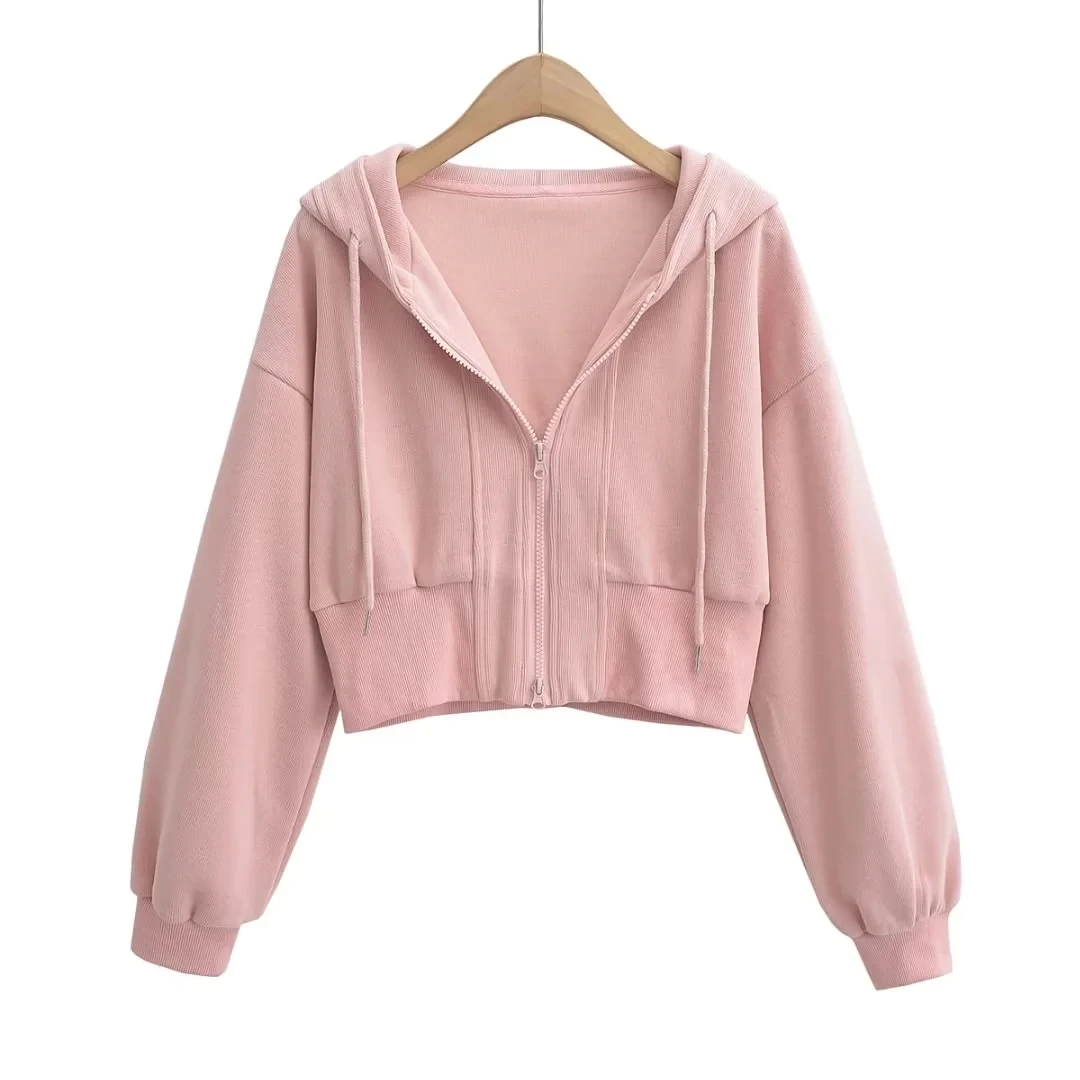 Damska bluza z kapturem na zamek błyskawiczny, kardigan, jednolity kolor, dopasowany krój, długość do pasa, nowa kolekcja wiosenna, luźny krój, odkrywająca pępek odzież wierzchnia.
