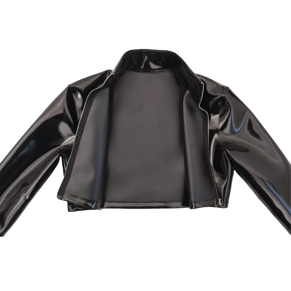 High Neck Crop Tops Long Sleeve Slim T-shirts Patent Leather Shaping Men's Party Nightclub Stage Man Tops Fashion Front Zipper