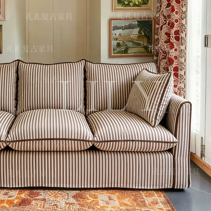 Retro Chocolate Solid Wood Three Seater Sofa Straight Row Striped Fabric Couch Living Room Furniture