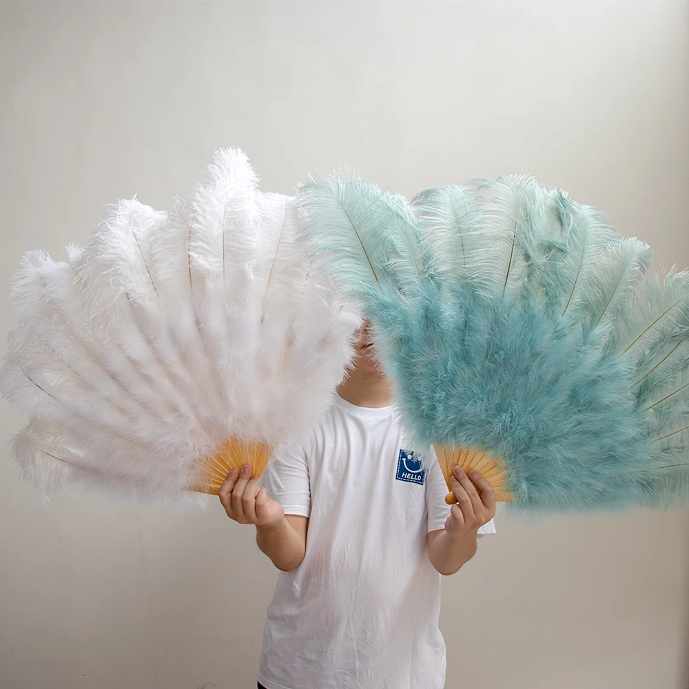 Natural Ostrich Feathers 100CM Small FanHand Held Folding White Plumes Fans for Carnival Party Dance Stage Show Props Decoration