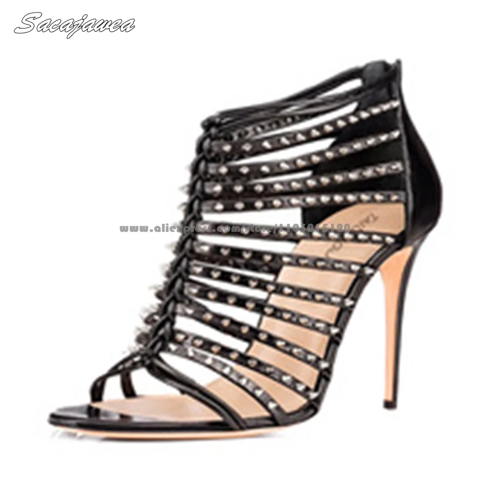 

Solid Metal Rivet Back Zipper Hollow Ankle Sandal Boots Open Toe Catwalk Style Sexy Lady Sandals Size 34-46 Office Sandals