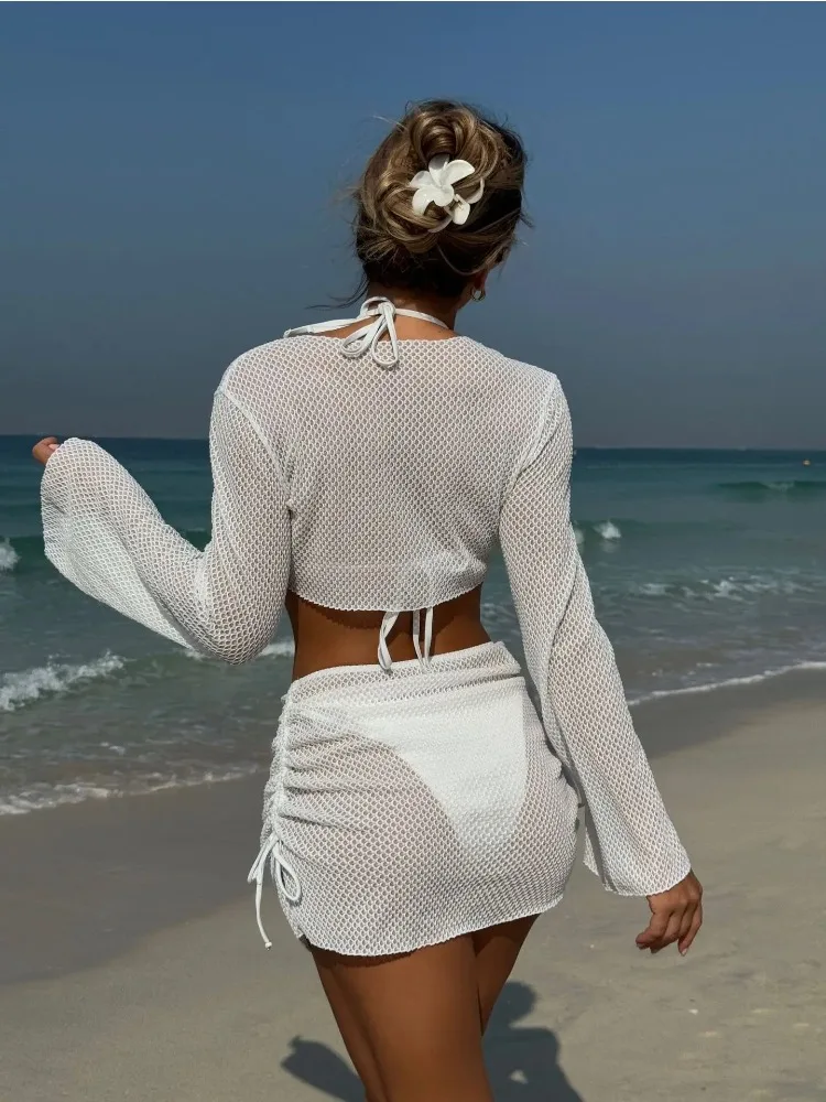 Set bikini da donna 4 pezzi 2025 sexy bianco manica lunga cover up gonna costume da bagno spiaggia piscina 2025 nuovo traje de baño de mujer tankini
