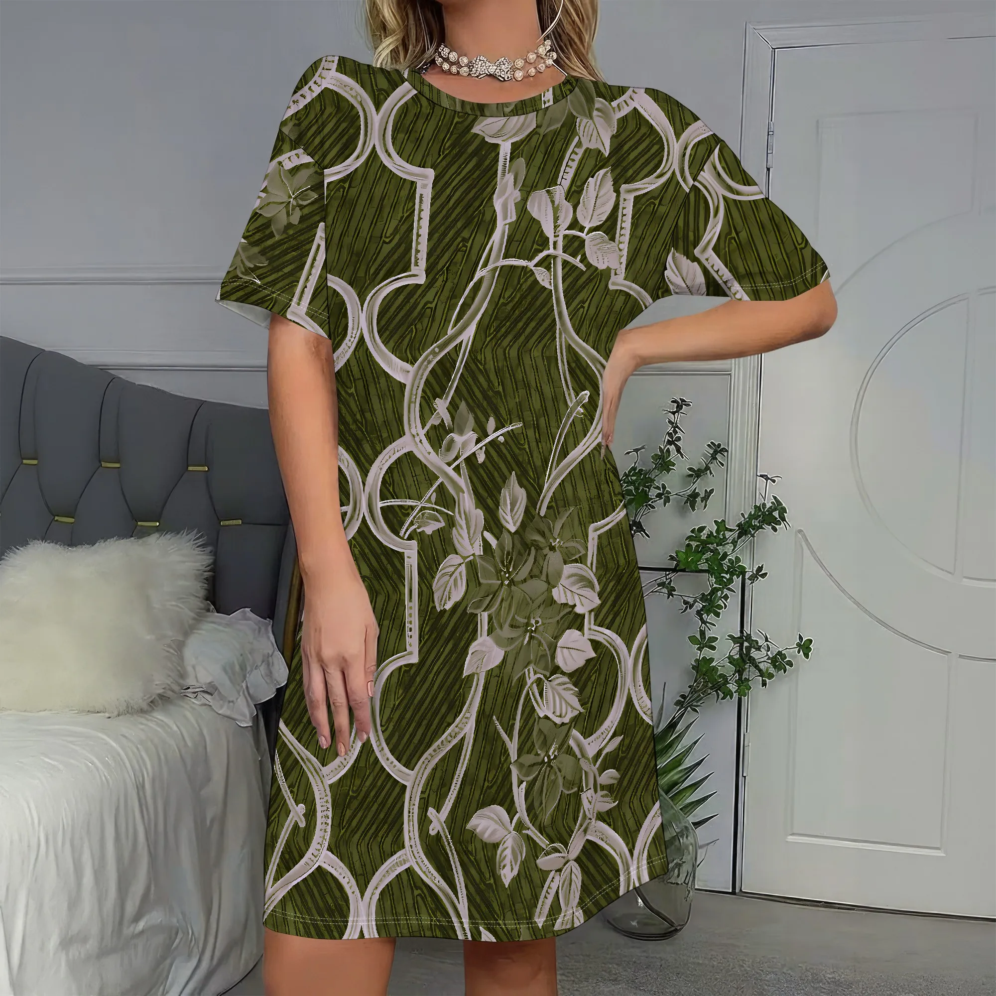 Green Floral Dress, Vintage Print Short Sleeve A-Line Shift Dress, Botanical Pattern Summer Casual Wear for Women, S-2XL