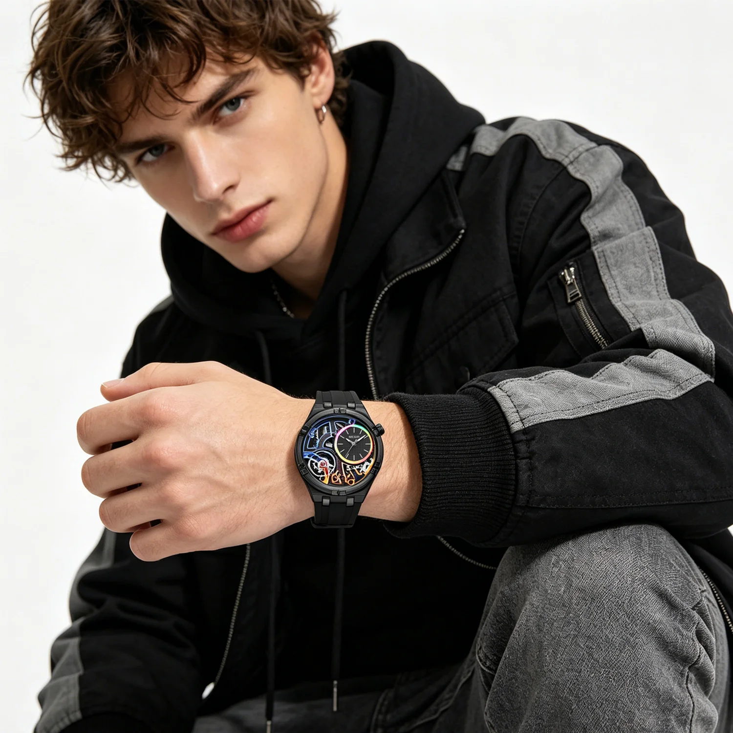 MEGIR Men's Sport Watch Japan 2035 Quartz Movement 3ATM Waterproof Silicone Strap Skeleton Design Casual Wristwatch Gift for Men
