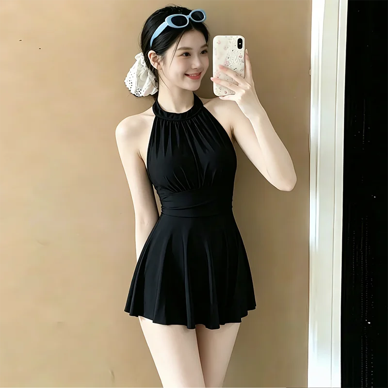Women's Swimsuit Summer 2026 New Black Halter Jumpsuit Style Swimsuits Solid Color Casual Hot Spring Backless Swimwear