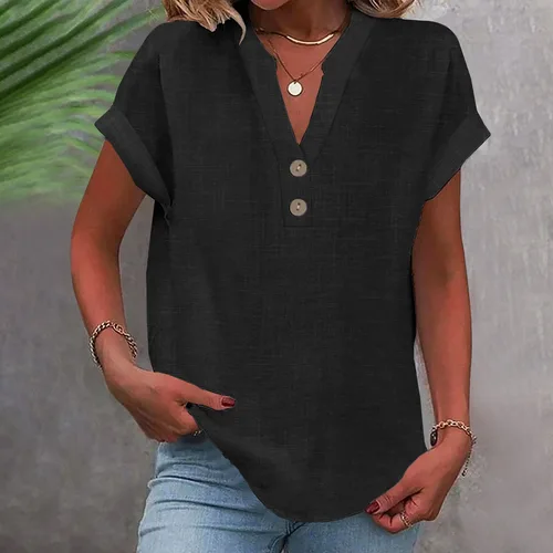Imagen 2 del producto 2025 verano algodón Lino transpirable Color sólido botón abajo camisa con cuello en V básico y versátil Casual cómodo señora Oficina Tops