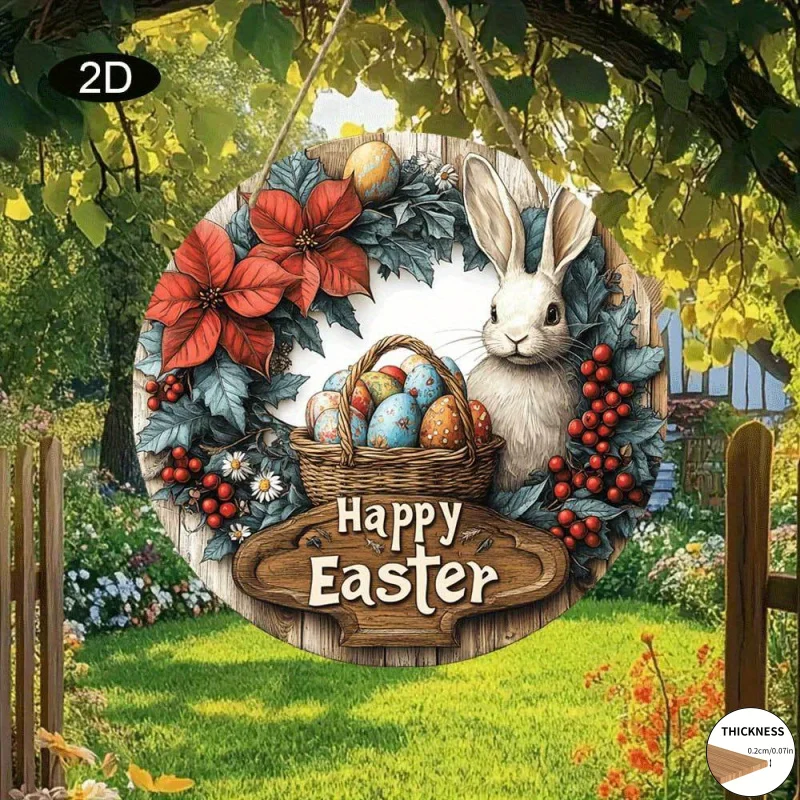 1pc 2D Wooden Round Wall Sign | Rabbit And Easter Egg Design, Festive Decoration For Easter Celebration, Durable Manufactured Wo