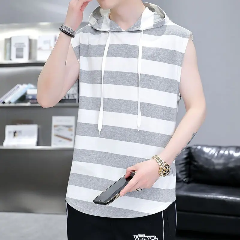 Summer wide shoulder hooded cotton vest men's bottoming shirt sleeveless T-shirt waistband wear striped Sweatshirt