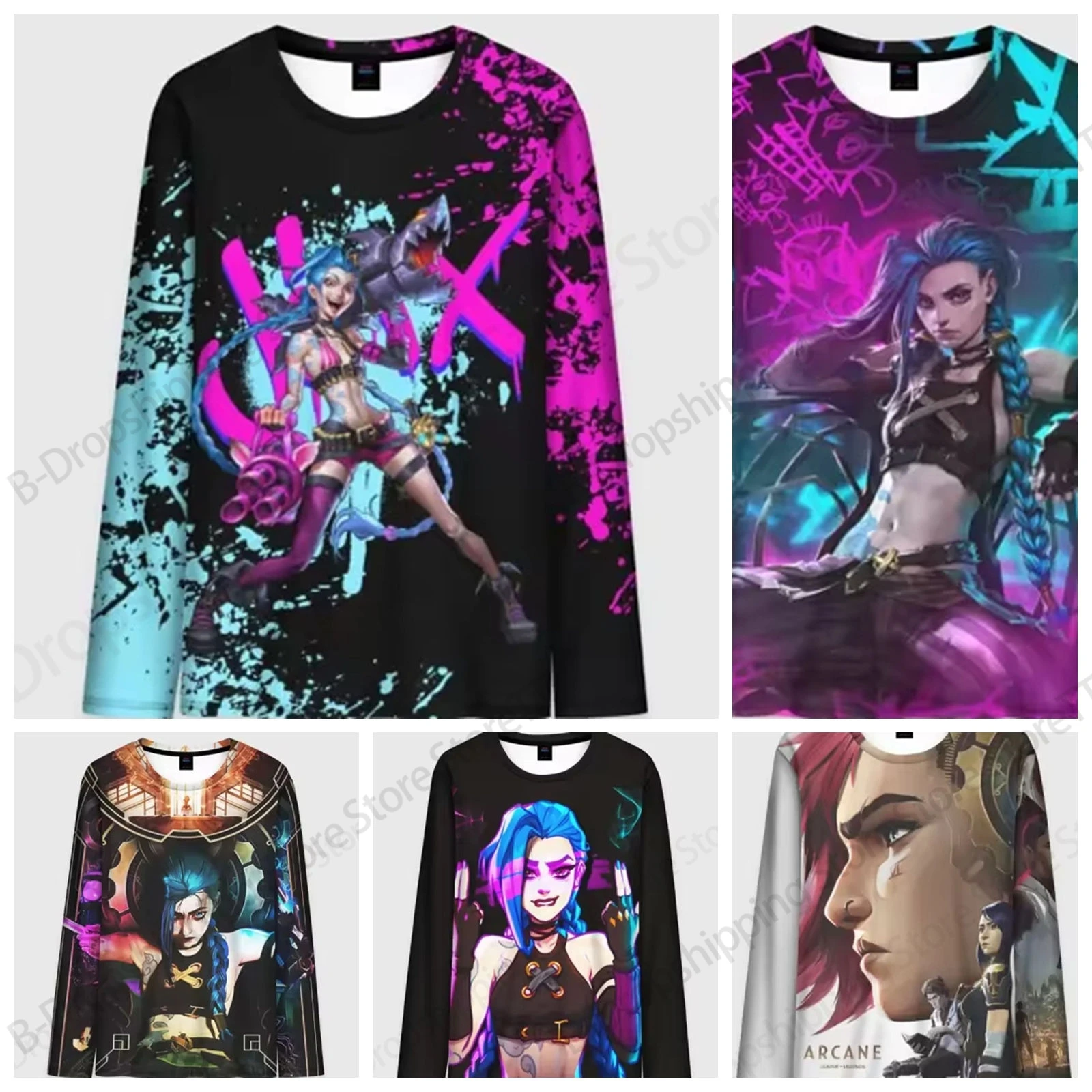 Mens Long Sleeve Anime Game T-shirt 3d Most Popular Arcane League Jinx Print Tshirt Men Women Fashion T shirt Designer Tops Tees