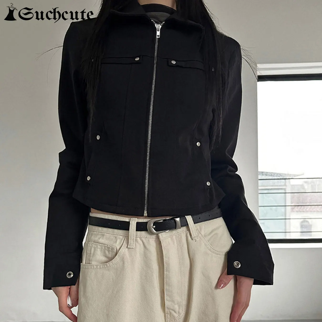 SUCHCUTE estilo Punk chaqueta con cremallera cuello vuelto remache negro abrigos de manga larga prendas de vestir exteriores Retro ropa de calle Tops cárdigan de otoño