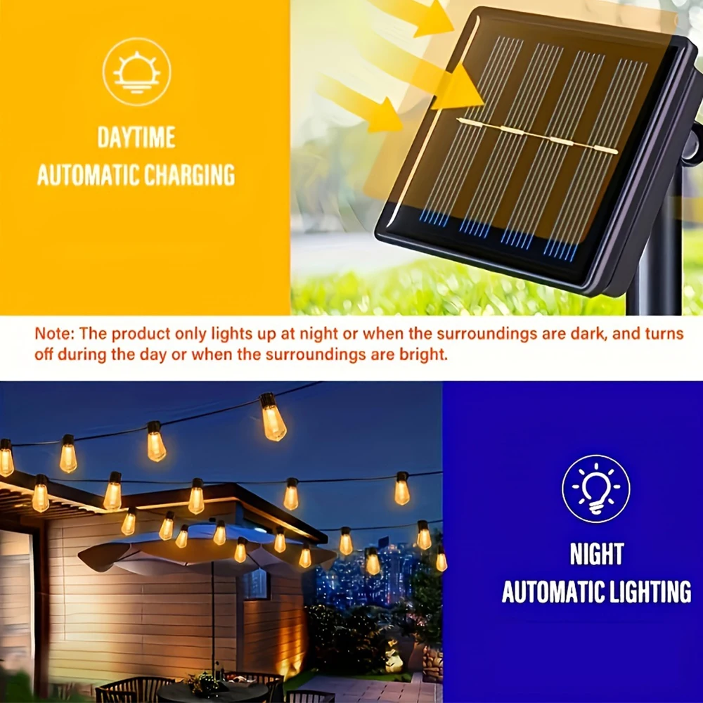 LED Solar String Lights IP44 Waterproof Outdoor Christmas Decoration Light Bulbs for Patio Gazebo Porch Camping