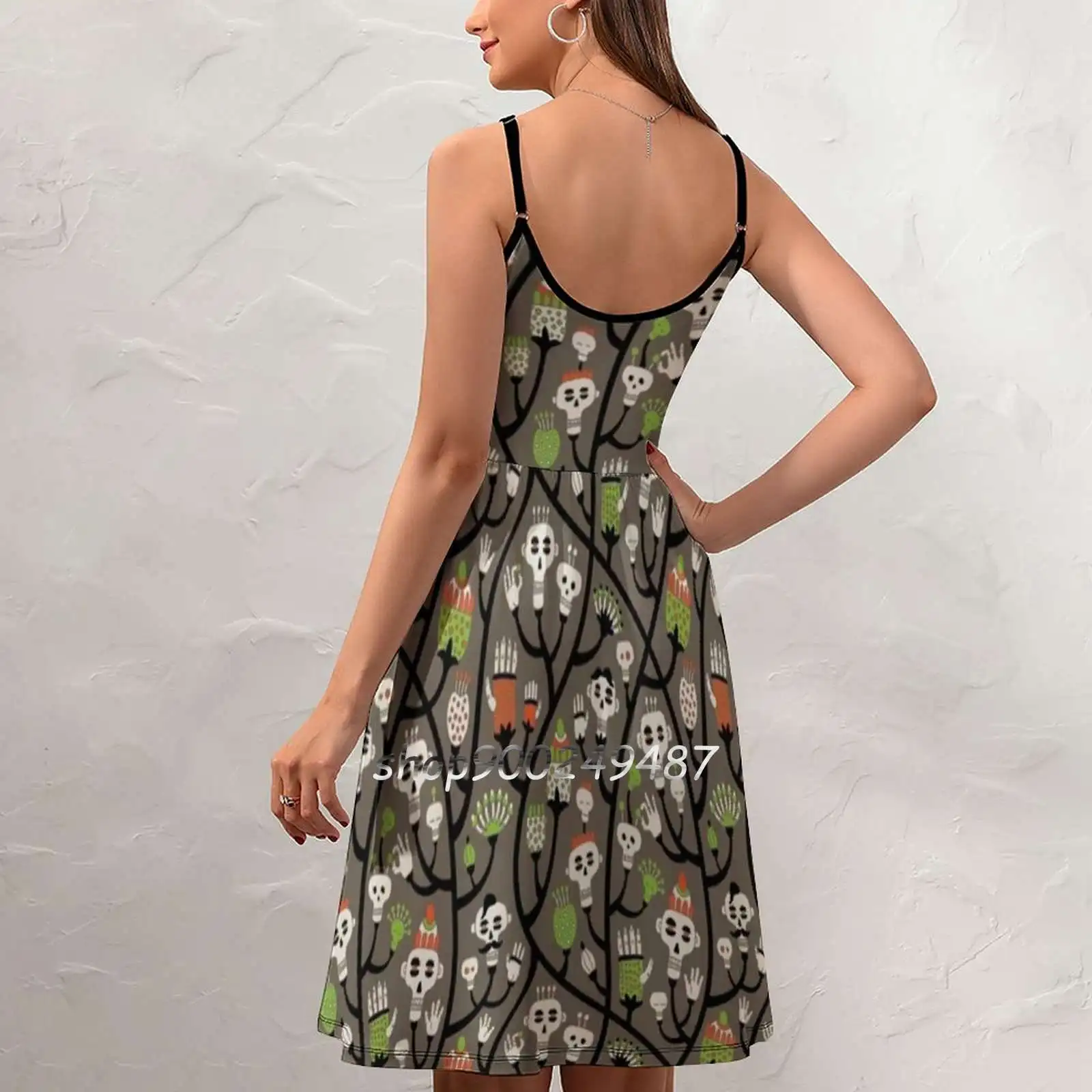 Skull Plant Sling Dress Summer Dress Sling Sexy A Line Dress Fashion Female Dress Skull Dead Head Bones Pattern Braincase