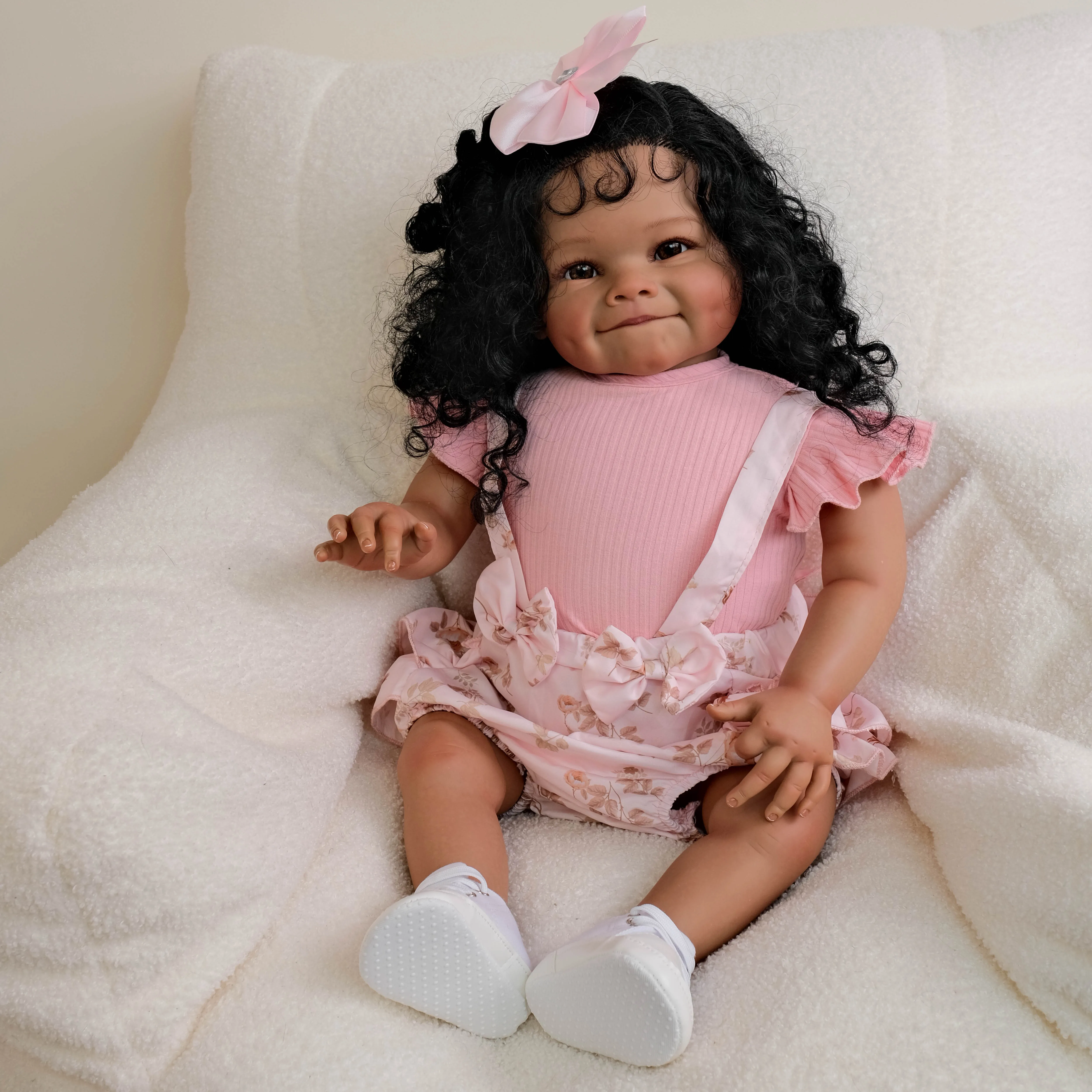 NPK 24inch Raya Reborn Toddler Girl Rooted Hair High Quality Dark Skin Painted Doll Soft Cloth Body 3D Skin