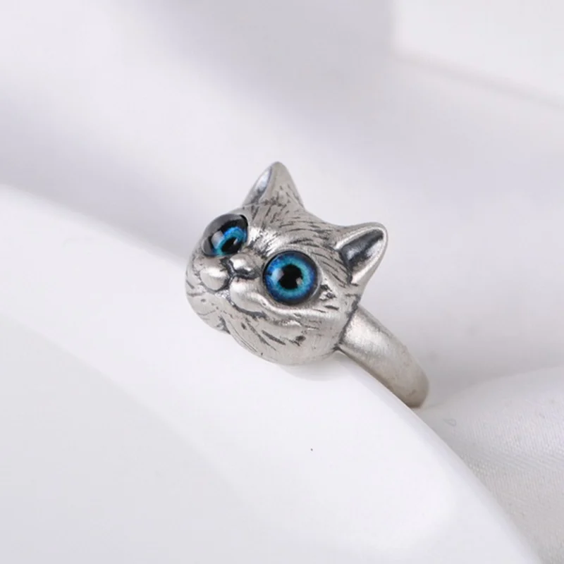 Anillos de gato de ojos azules para mujeres y niñas, bonitos animales de moda, regalos de joyería para hombres