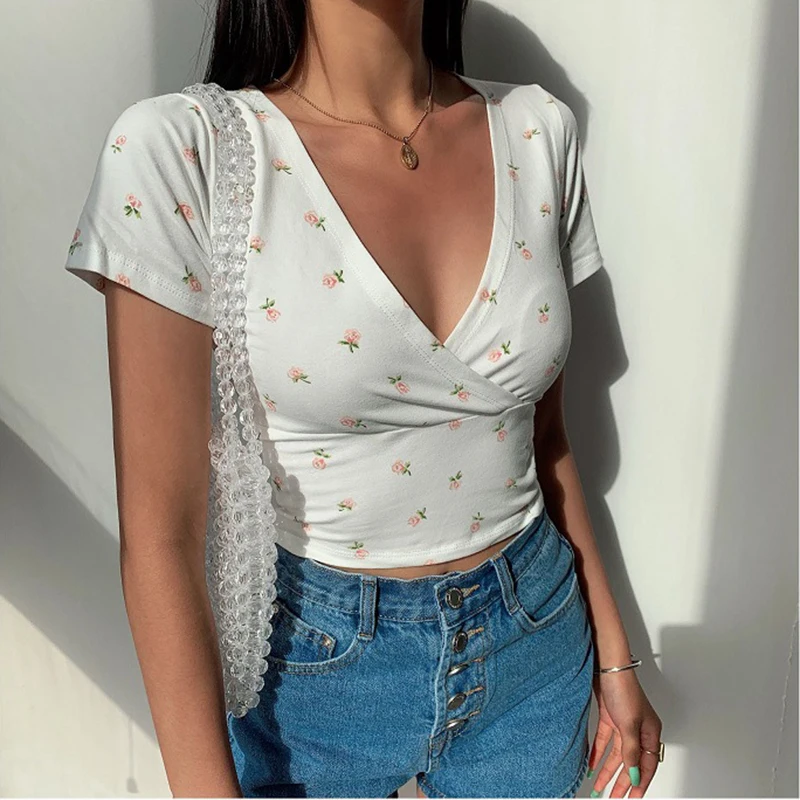 Y2K Vintage Floral Cross Crop Top T-shirt Women Cropped Slim Short Sleeve V-neck Sexy Summer Clothes Tee Shirt Femme Woman Tops