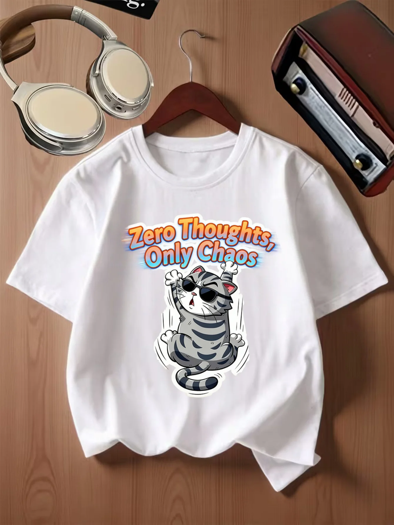 Crazy Striped Cat Zero Thoughts Only Chaos Cartoon Print Kids T Shirt Boys Girls Family Matching Summer Crew Neck Casual Tee