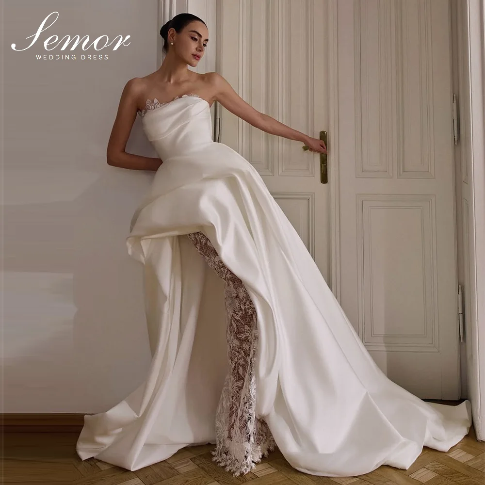 Semor Charming Lace Stain Long Wedding Dress Without Gloves A-line Pleat Strapless Bridal Gown Customized Robe De Mariée 2026