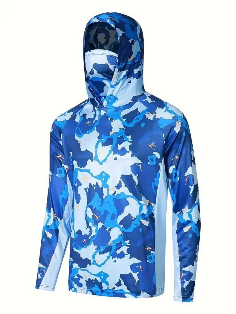 Blue Ocean Camo Men Fishing Hooded Shirt Built‑in Face Cover UPF50+ Sun Protection Quick‑Dry Long Sleeve Outdoor Tops