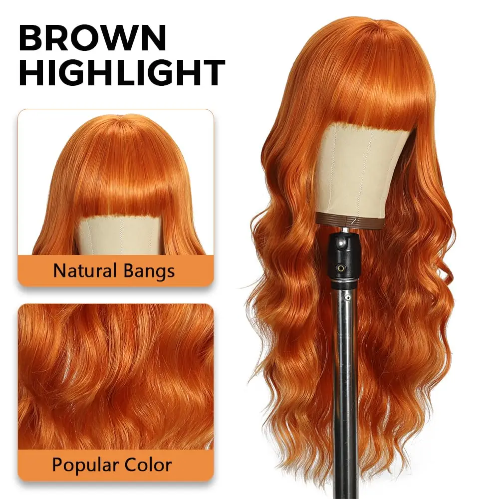 Orange hair with fringe and long waves, synthetic wig, hot hair wig set, Halloween party cosplay costume, everyday wig