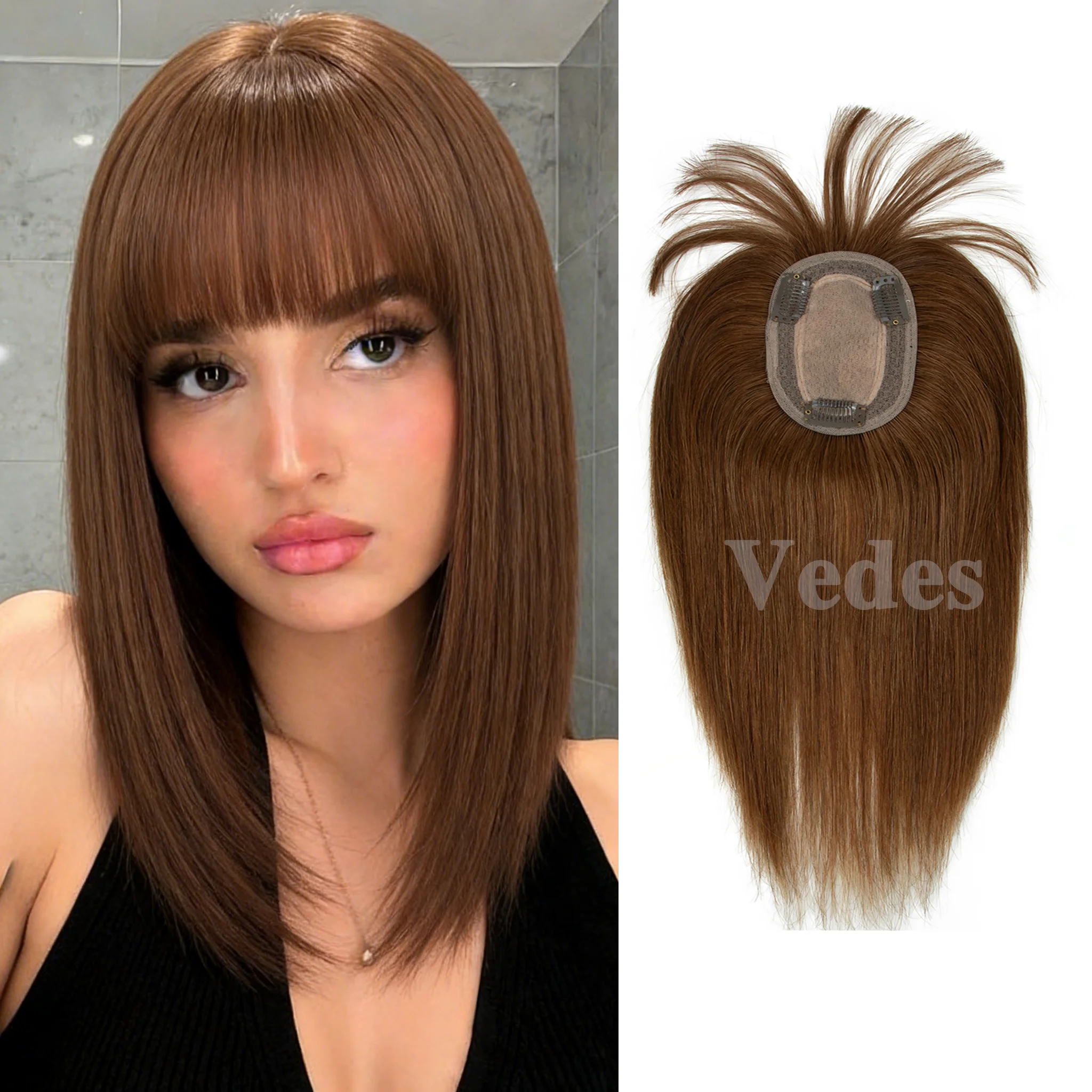 VADES Real Human Hair 360° Cover Toppers Hairpieces for Women with Thinning Crown Wispy Clip in Bangs Realistic Scalp Hairline