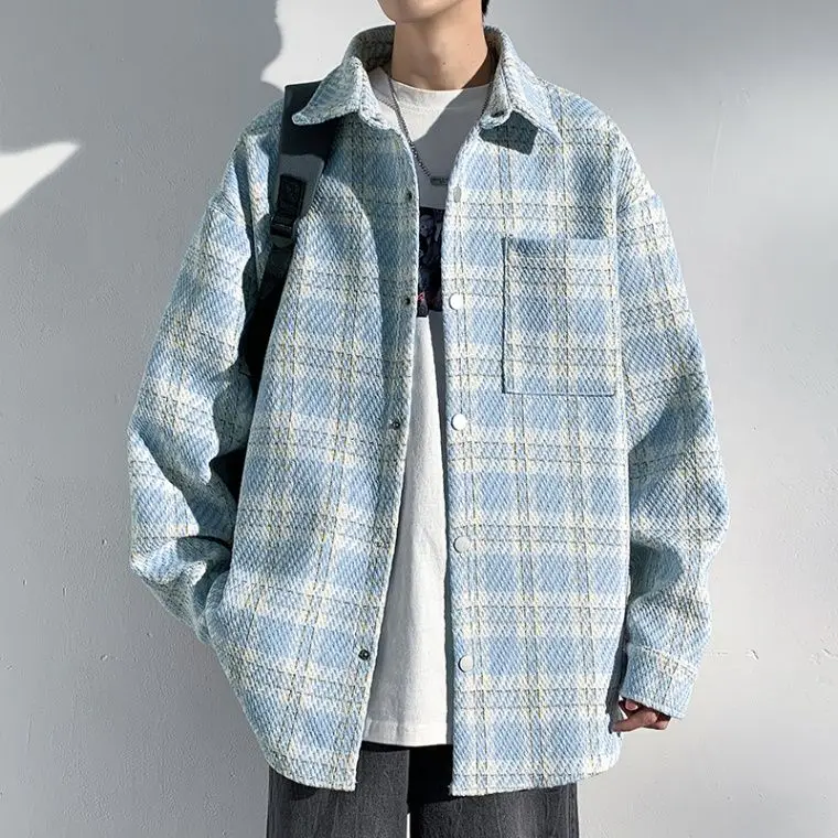 

Preppy Plaid Jaet Men's Spring Autumn Oversize Trendy Brand Couple's irt Sle Coat Loose Fit Non-iron Treaent Polyester