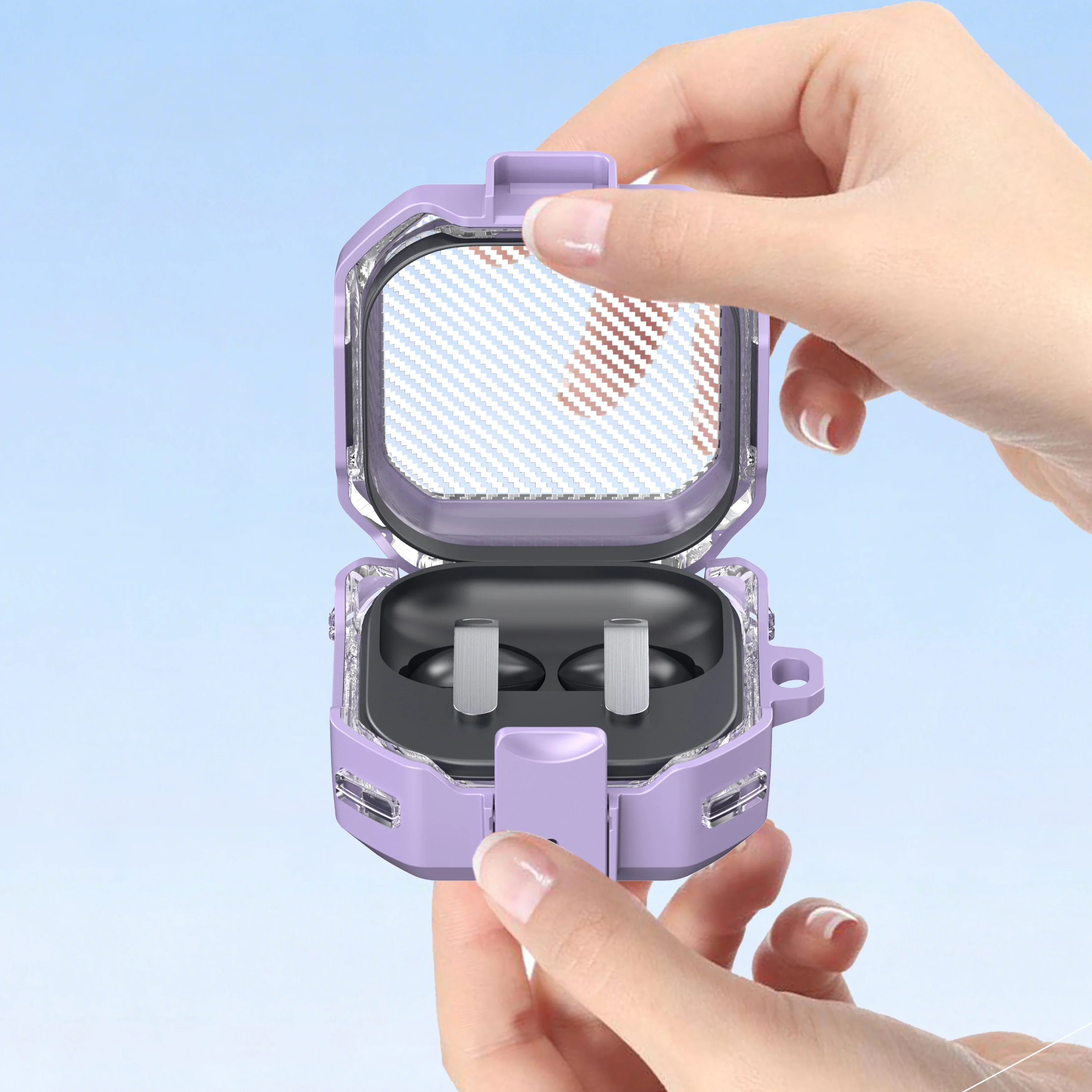 Luxury Transparent Carbon Fiber Texture Earbuds Case One-Click Lock For Samsung Galaxy Buds 4 Pro Buds4 Wireless Charging Cover