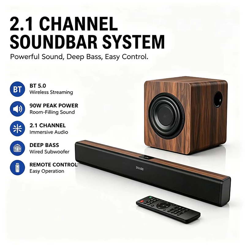 2.1 Channel Wooden Soundbar 8 Speakers 70W Home Theater System With Subwoofer & Microphone BT Music Sound Bar For TV Projector