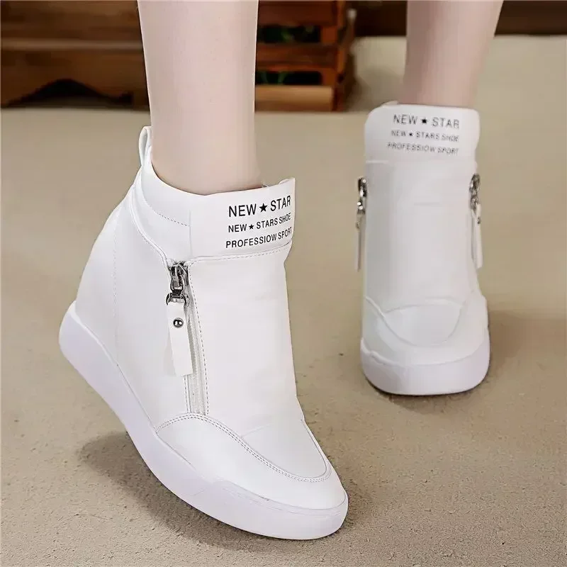 Women Casual Sneakers Leather Platform Wedge Boots Hidden Heel Increase Woman Chunky Side Zipper Vulcanized Hip Top Shoes