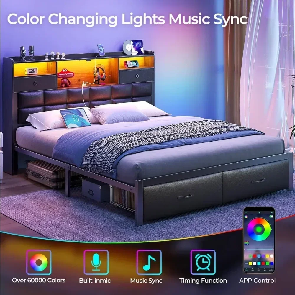 for Frame Queen Size with Drawers and Charging Station, Upholstered Platform Bed with Storage Headboard and LED Light,Bed Frames