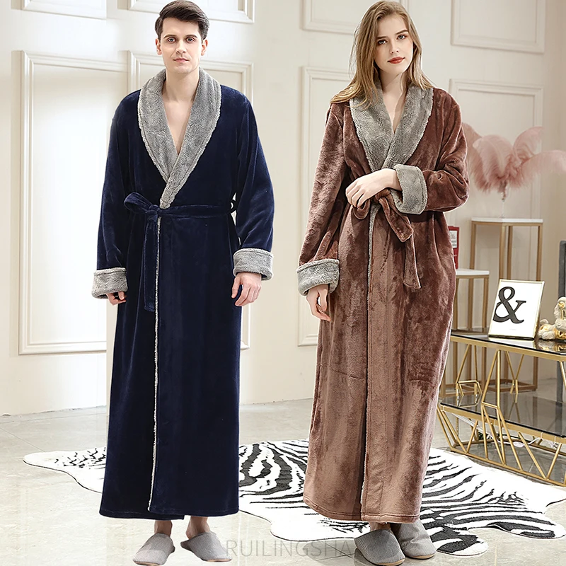 

Men Winter Warm fur Collar Extra Long Thick Coral Fleece Bathrobe Pajamas Plus Size Flannel Shower Bath Robe for Women Sleepwear