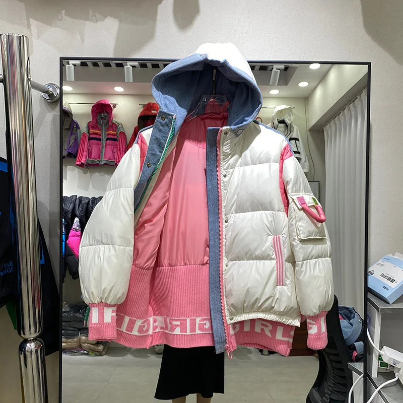 2025 Nuovo inverno colore a contrasto donna con cappuccio moda di alta qualità casual stampa di lettere allentate addensare piumino d'anatra bianco