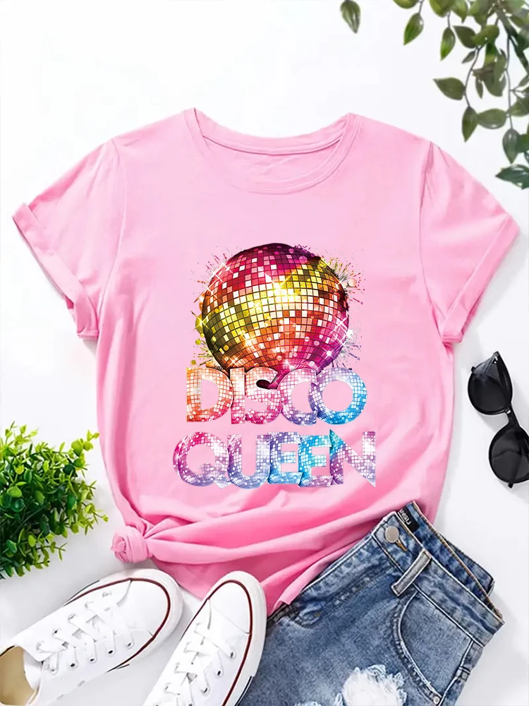 Women's Crew Neck T-Shirt, Retro Style 70s Disco Queen Theme, Casual and Comfortable Summer Style 2026 Summer Streetwear Y2K Top