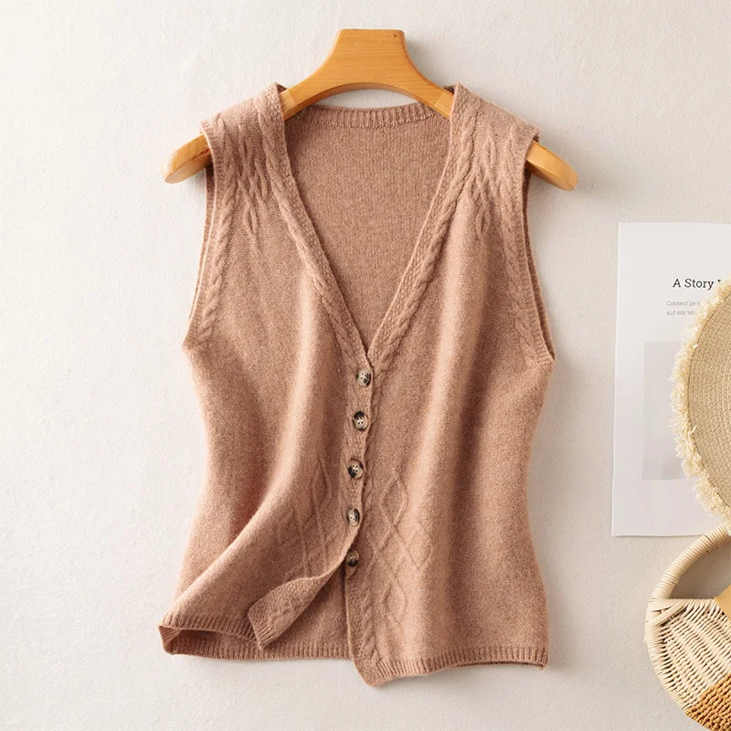 High Quality Women V-neck Twist Flower Sleeveless Cardigan 100% Merino Wool Sweater For Spring Autumn Casual Vintage Waistcoat