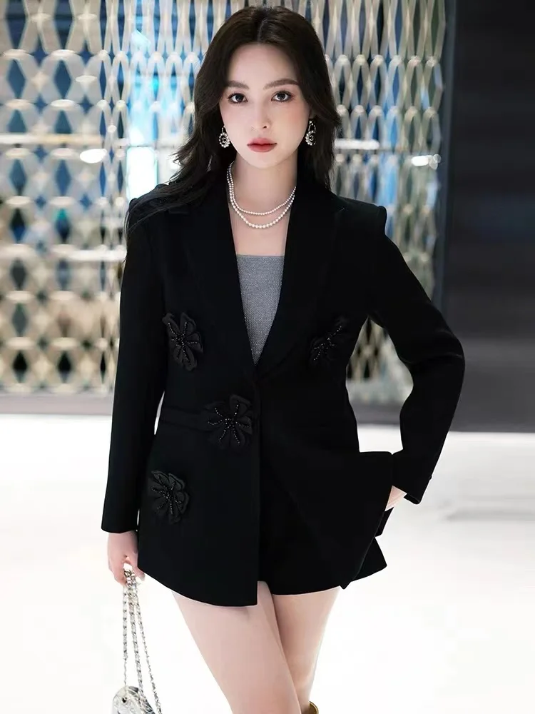 Casual Patchwork Appliques Solid Blazers For Women Notched Collar Long Sleeve Spliced Button Minimalist Loose Blazer Female