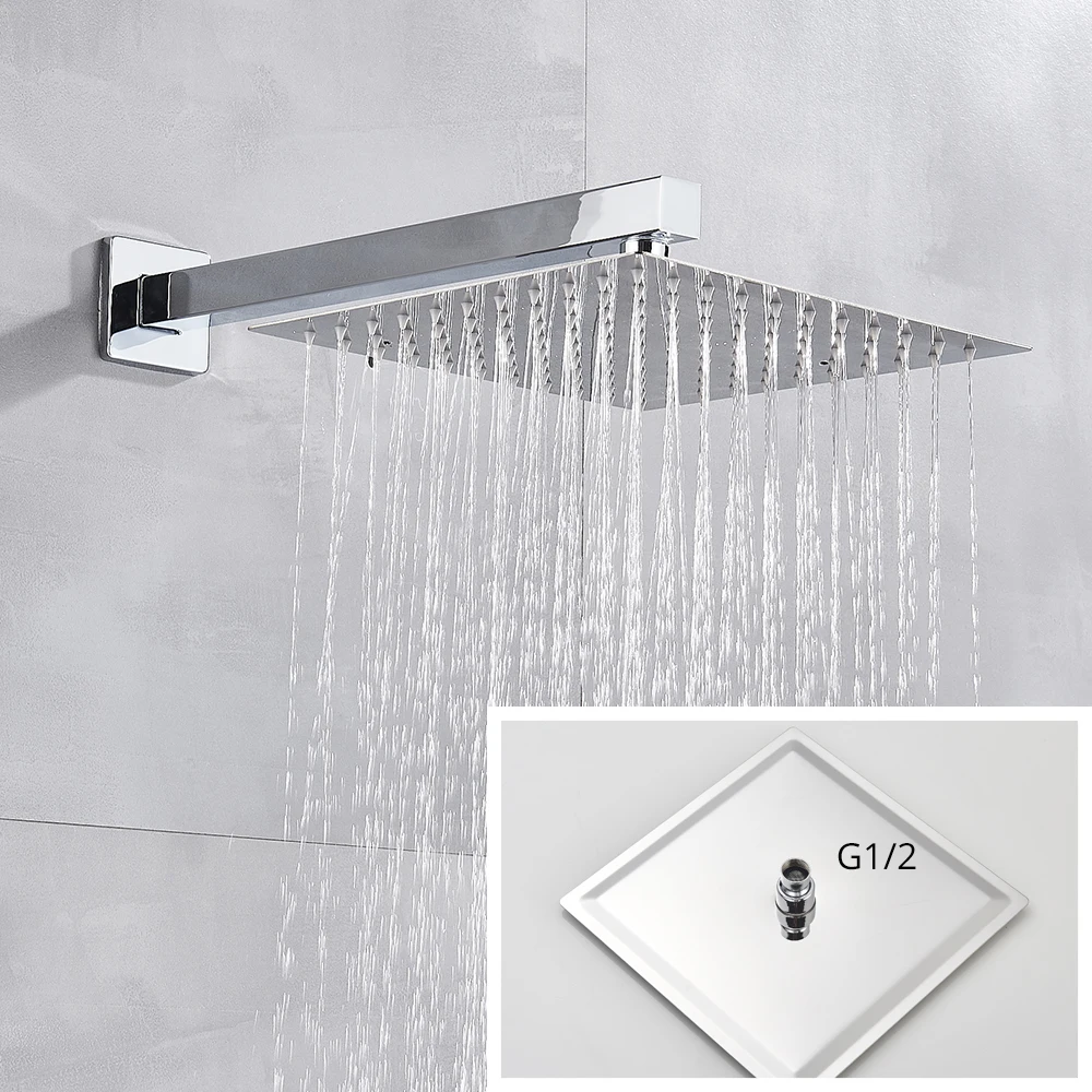Rainfall Shower Head 8"/10"/12" Square Bathroom Ultrathin Rain Top Shower Head with Shower Arm Faucet Accessories Wall Mounted