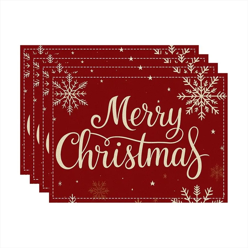 VIKAMA Linen Placemats Snowman Gingerbread Man, Cream White, Stain Resistant Easy to Clean, Dining Table Holiday Party