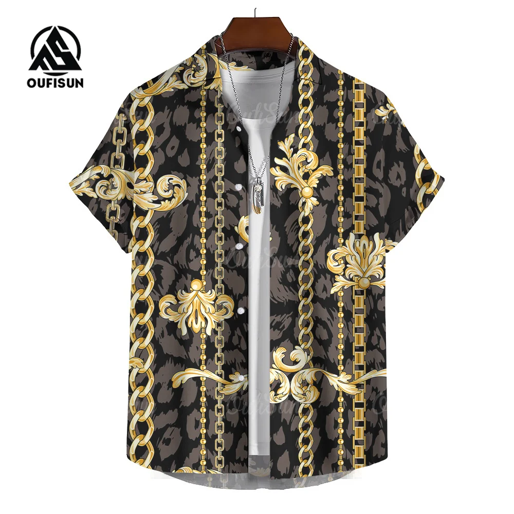 2024 Luxury Shirts For Mens Summer Clothing Large Gold Chain Graphic Clothing Short Sleeve Tops Oversized Men’s Hawaiian Shirt