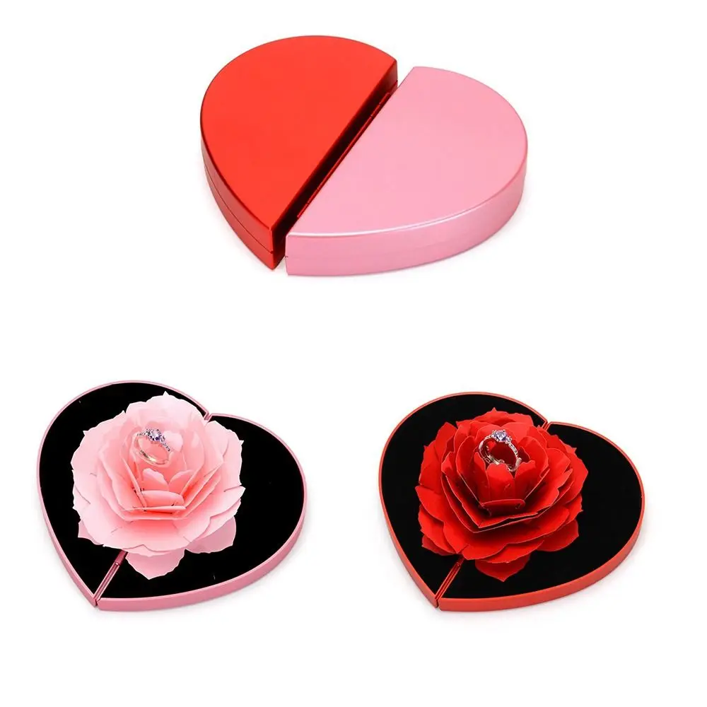 

High Quality Jewelry Box For Couples Propose Rings Packaging Rotating Rose Flower Ring Box Ring Box 3d Heart Shape