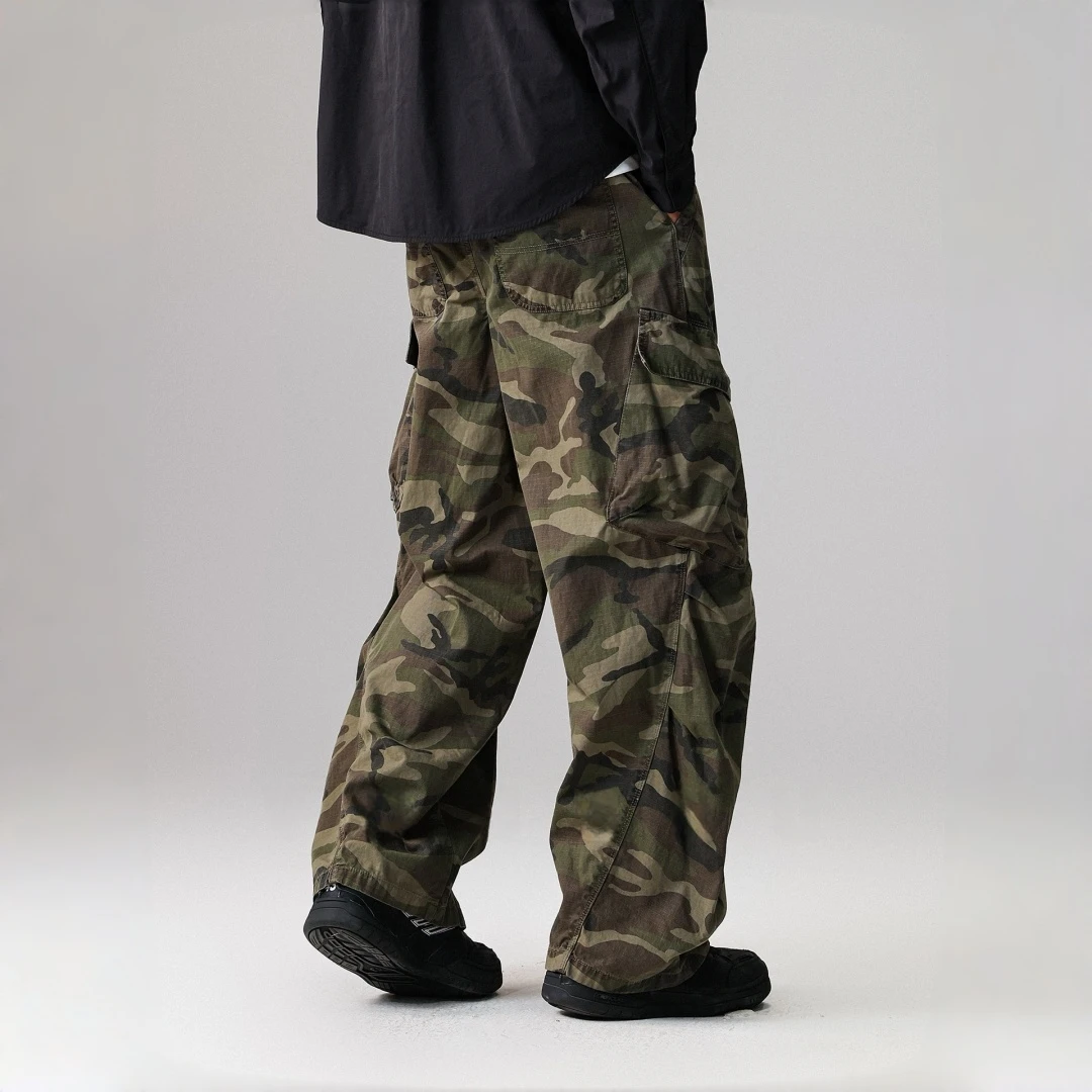 Mens Tactical Cargo Pants Camouflage Loose Fit Straight Leg Multi Pocket Streetwear Casual American Trendy High Quality Trousers